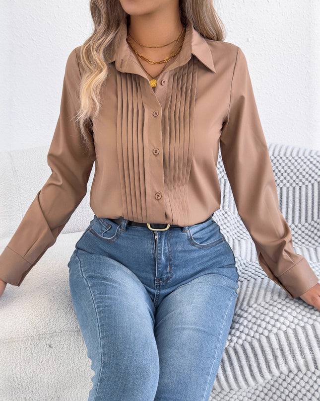 Women's Pleated Button-Up Long Sleeve Business Shirt – 4-Way Stretch, 3 Colors, S–XL