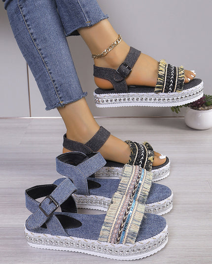 Women's Tassel Denim Flat Sandals – Thick Sole, Buckle Closure, Boho Style, 2 Colors, US 6–11