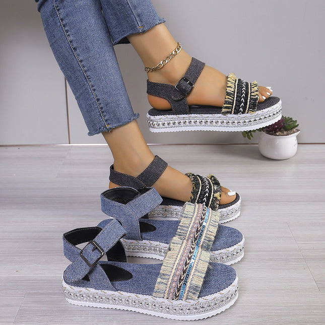 Women's Tassel Denim Flat Sandals – Thick Sole, Buckle Closure, Boho Style, 2 Colors, US 6–11