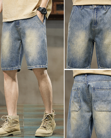 Men's Stretch Denim Five-Point Shorts – Cotton Blend, 6 Blue Shades, W28–38