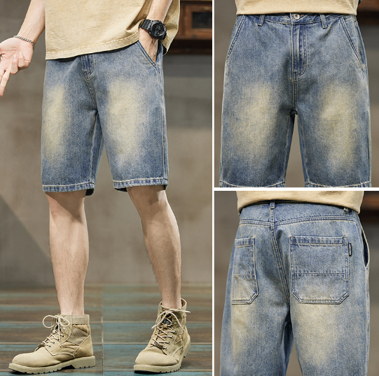 Men's Stretch Denim Five-Point Shorts – Cotton Blend, 6 Blue Shades, W28–38