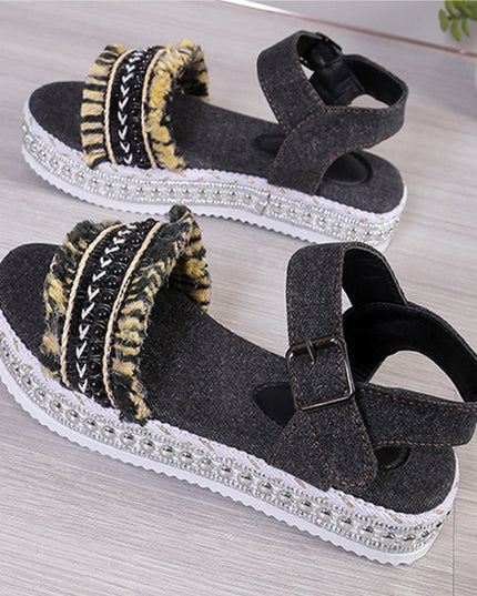 Women's Tassel Denim Flat Sandals – Thick Sole, Buckle Closure, Boho Style, 2 Colors, US 6–11
