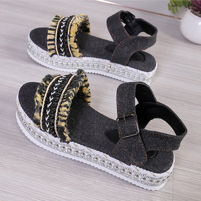 Women's Tassel Denim Flat Sandals – Thick Sole, Buckle Closure, Boho Style, 2 Colors, US 6–11