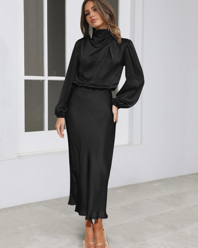 Satin Halter Neck Midi Dress – Lantern Sleeve Formal Evening Dress