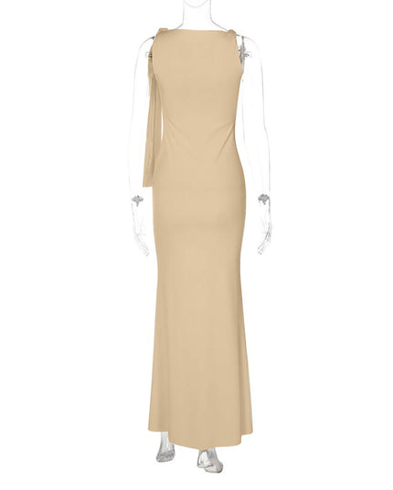 One-Shoulder Ribbon Bodycon Maxi Dress | Sleeveless Evening Party Dress for Women