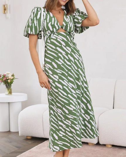 Women's Zebra Print Maxi Dress – V-Neck, Ruffle Sleeves & High Waist, S–XL
