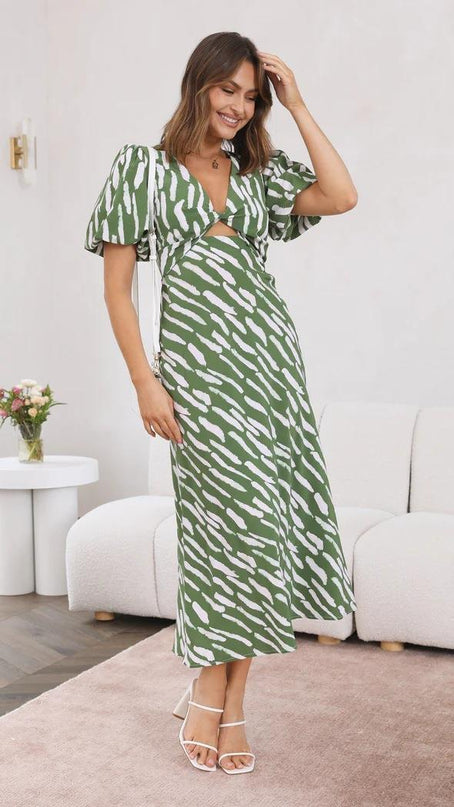 Women's Zebra Print Maxi Dress – V-Neck, Ruffle Sleeves & High Waist, S–XL