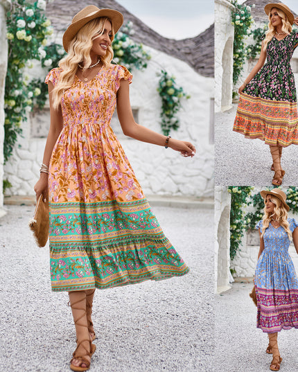Floral Print V-Neck Ruffle Dress – Sleeveless Boho Beach Dress