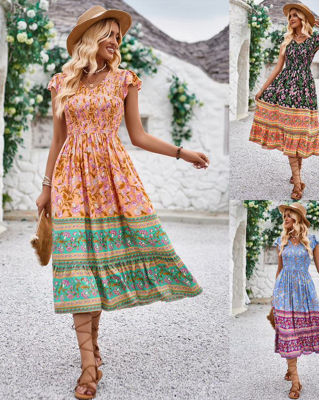 Floral Print V-Neck Ruffle Dress – Sleeveless Boho Beach Dress