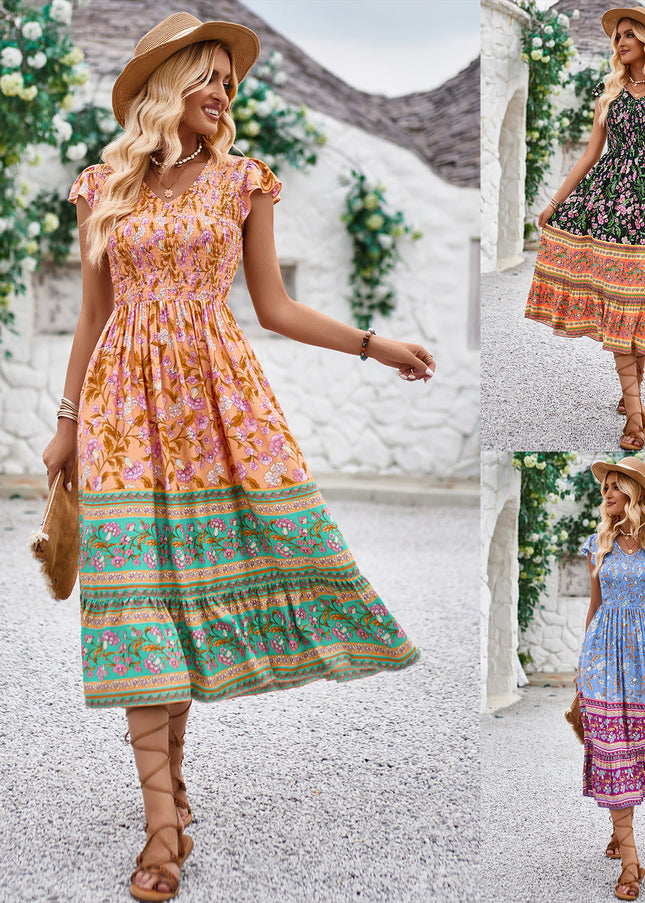 Floral Print V-Neck Ruffle Dress – Sleeveless Boho Beach Dress