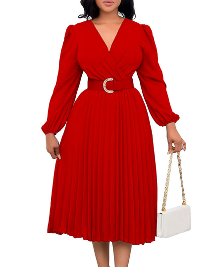 Long Sleeve V-Neck Pleated Midi Dress with Belt | High Waist Elegant Dress
