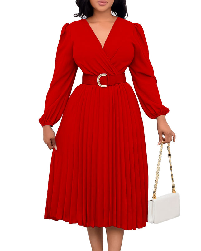 Long Sleeve V-Neck Pleated Midi Dress with Belt | High Waist Elegant Dress