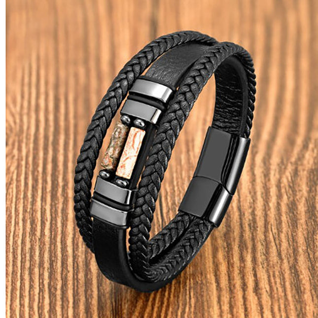 Stainless Steel Magnetic Buckle Tiger's Eye Leather Bracelet