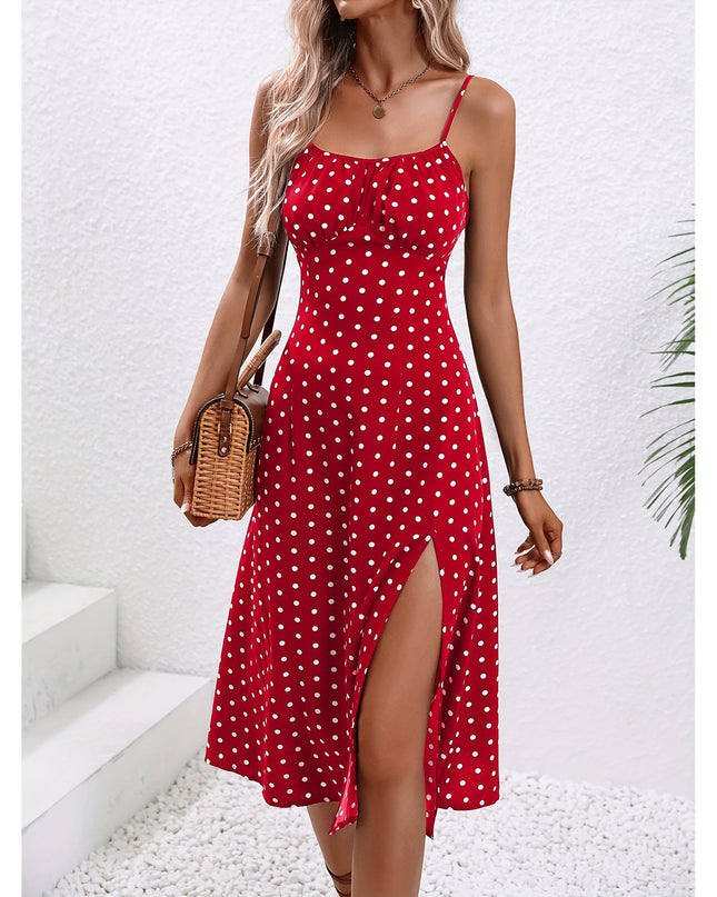 Polka Dot Suspender Maxi Dress – Flowy Split Summer Dress