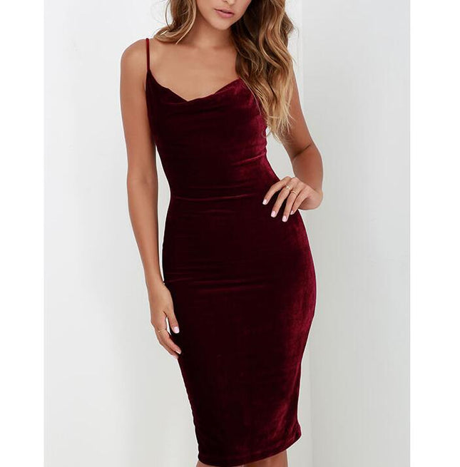 Women's Velvet Spliced Cami Cocktail Midi Dress – V-Neck, 5 Colors, S–3XL
