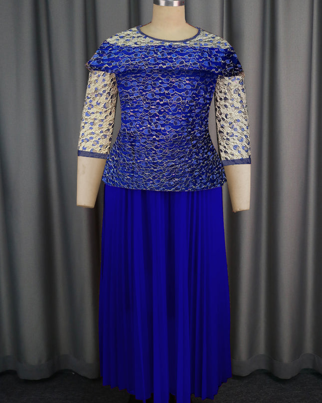 Women's Elegant Lace 3/4 Sleeve Pleated Midi Dress