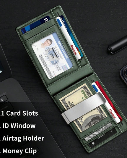 Men's Genuine Leather Slim Bifold Wallet with AirTag Holder & RFID Blocking