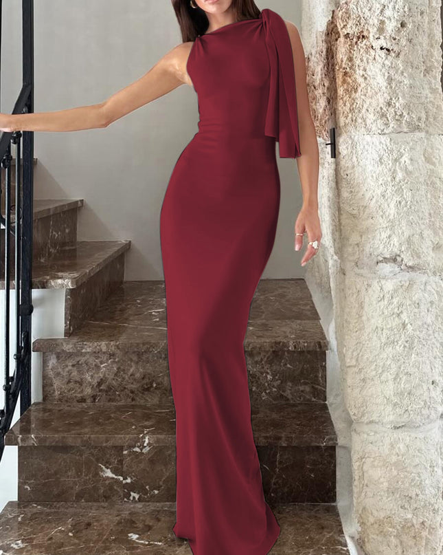 One-Shoulder Ribbon Bodycon Maxi Dress | Sleeveless Evening Party Dress for Women