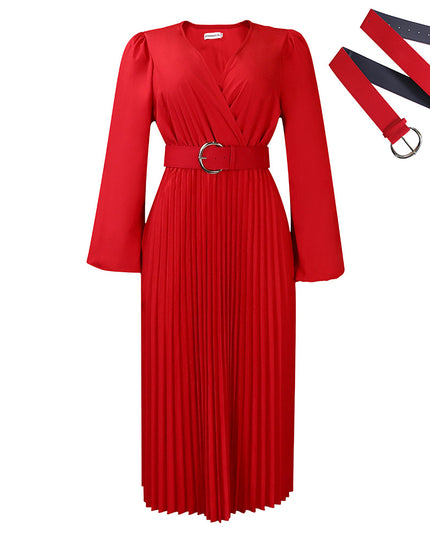 Long Sleeve V-Neck Pleated Midi Dress with Belt | High Waist Elegant Dress
