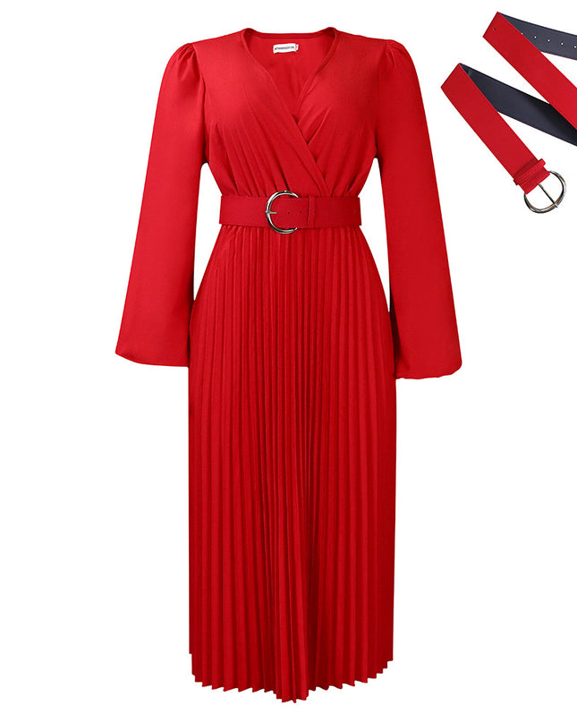 Long Sleeve V-Neck Pleated Midi Dress with Belt | High Waist Elegant Dress