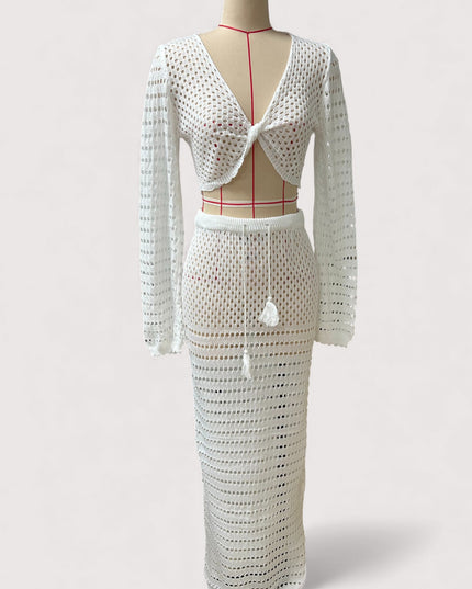 Women's Striped Knit Top & Mid-Length Skirt Two-Piece Set – Beach & Casual