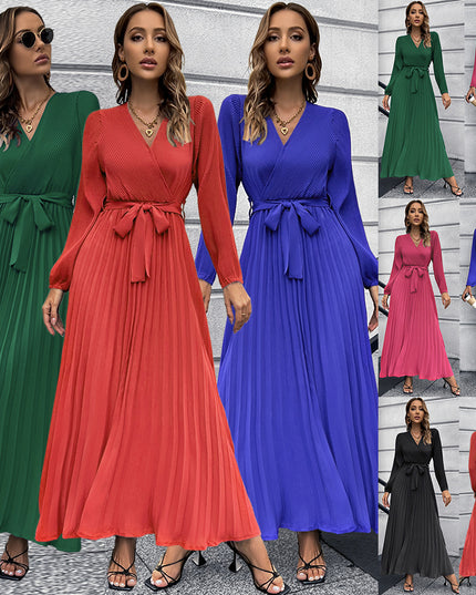 Women's V-Neck Long Sleeve Pleated A-Line Dress – Ice Silk, 5 Colors, S–XXL