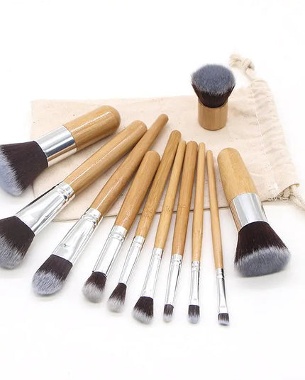 11-Piece Bamboo Handle Makeup Brush Set with Pouch