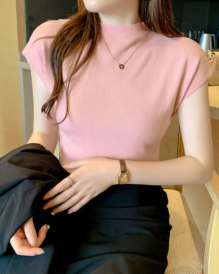 Women's Ice Silk Knit Top – Half-High Collar, Slim Fit, 9 Colors