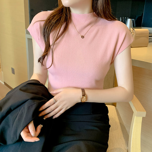 Women's Ice Silk Knit Top – Half-High Collar, Slim Fit, 9 Colors