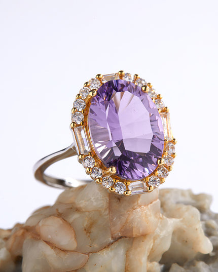 Natural Amethyst Ring – White Gold Plated, Adjustable, Geometric Design