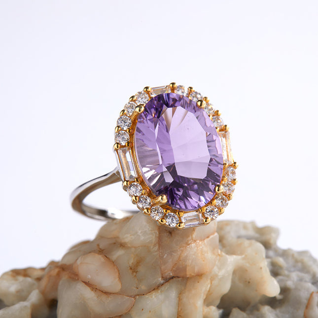 Natural Amethyst Ring – White Gold Plated, Adjustable, Geometric Design