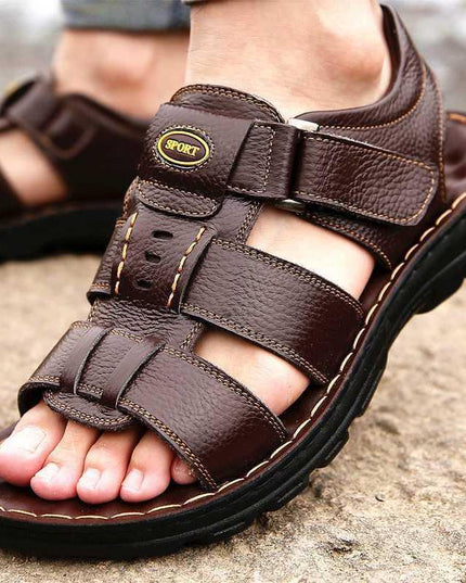 Men's Genuine Leather Open-Toe Velcro Sandals – Non-Slip, Breathable, 2 Colors, US 6–11