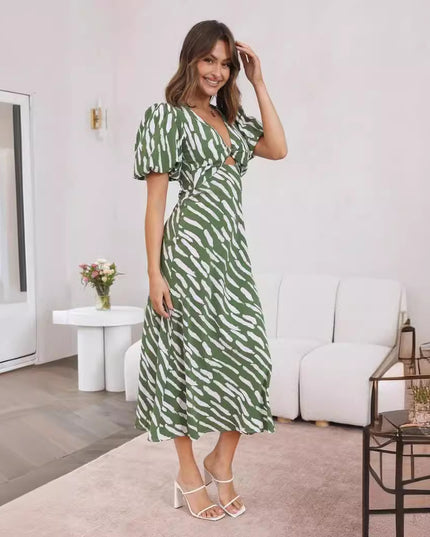 Women's Zebra Print Maxi Dress – V-Neck, Ruffle Sleeves & High Waist, S–XL