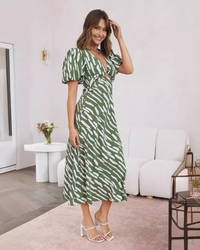 Women's Zebra Print Maxi Dress – V-Neck, Ruffle Sleeves & High Waist, S–XL