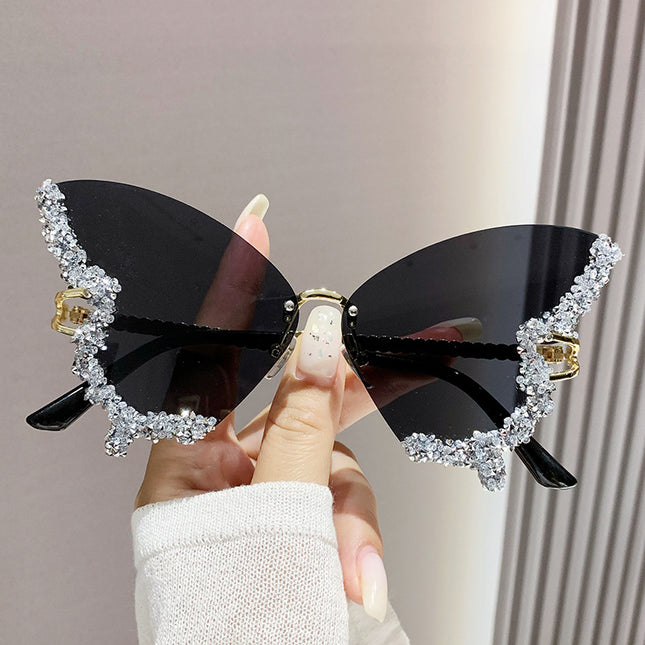 Diamond Butterfly Sunglasses – Y2K Rimless Oversized Shades