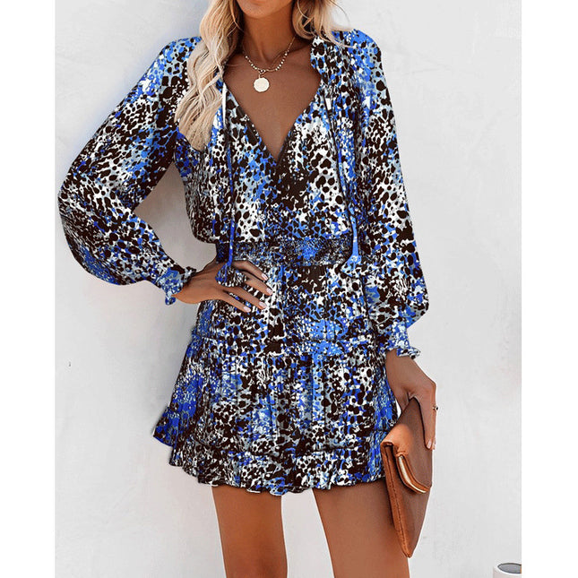 Women's Floral & Leopard Print Puff Sleeve Waist-Tie Dress