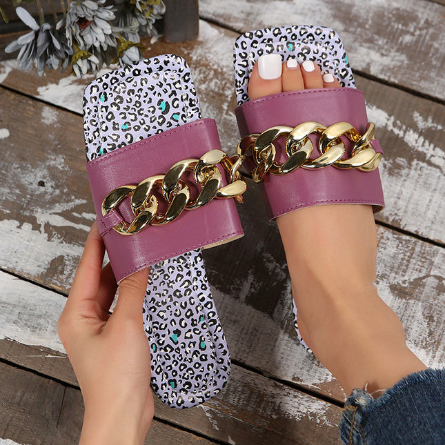 Women's Chain Detail Flat Slippers – Summer Sandals in Black, Green & Purple