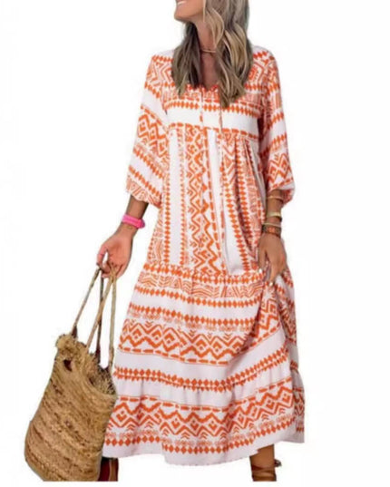 Vintage Floral Bohemian Maxi Dress | V-Neck Short Sleeve Long Dress for Women