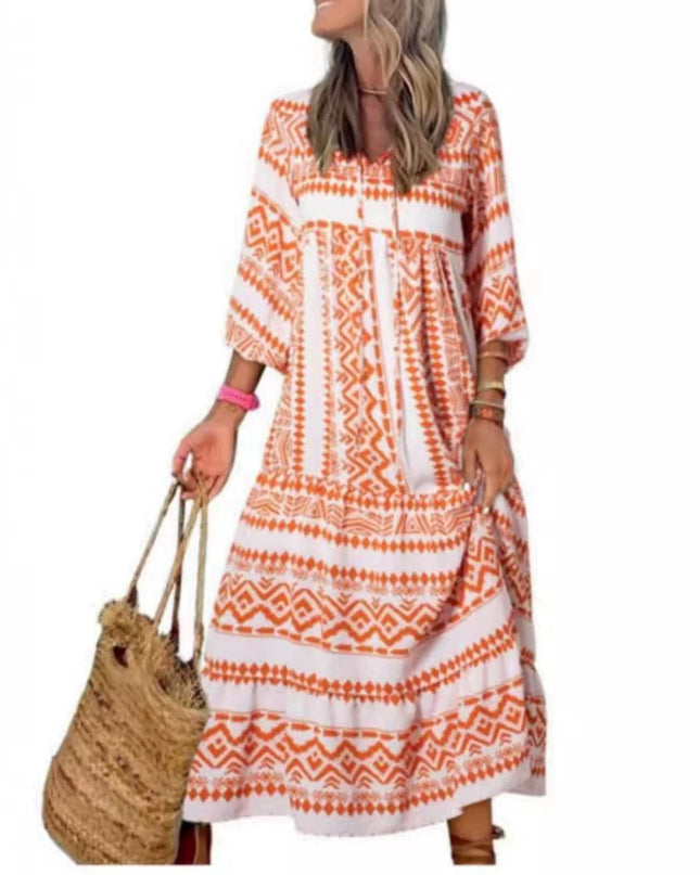 Vintage Floral Bohemian Maxi Dress | V-Neck Short Sleeve Long Dress for Women