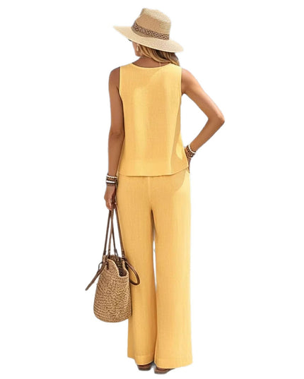 Women's Casual Cotton-Linen Tank Top & Wide-Leg Pants Set