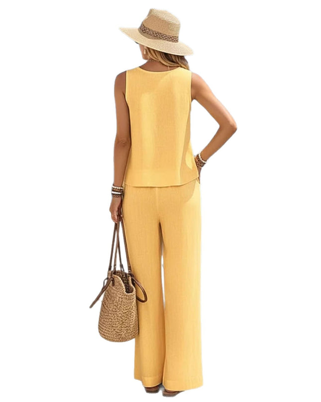 Women's Casual Cotton-Linen Tank Top & Wide-Leg Pants Set