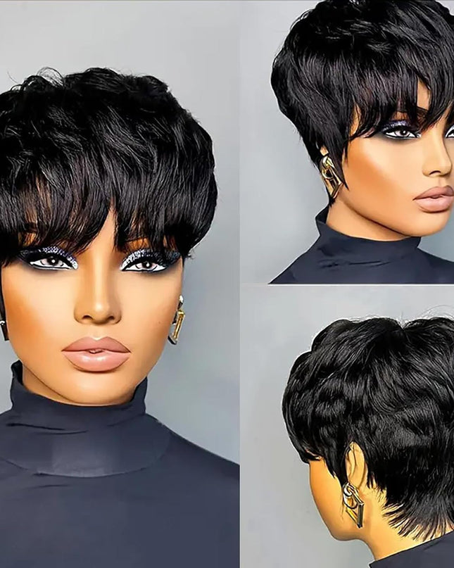 Short Layered Pixie Cut Human Hair Wig – Glueless, Full Machine Made, Natural Black (1B#)