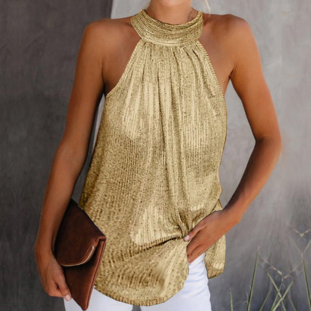 Women's Shiny Sleeveless Vest Top – Black, Silver, Gold & Leopard, S–XXL