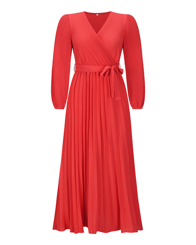 Women's V-Neck Long Sleeve Pleated A-Line Dress – Ice Silk, 5 Colors, S–XXL