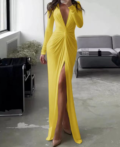 Women's V-Neck High Slit A-Line Dress – Waist-Cinching, 4 Colors, S–XL