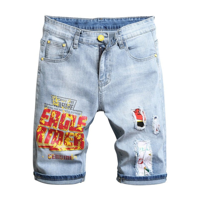 Men's Stretch Denim Five-Point Shorts – Embroidered & Printed, 4 Styles, Sizes 28–38