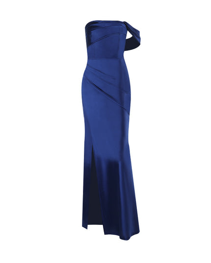 Off-Shoulder Satin Mermaid Gown – Corset Back Formal Dress with Slit