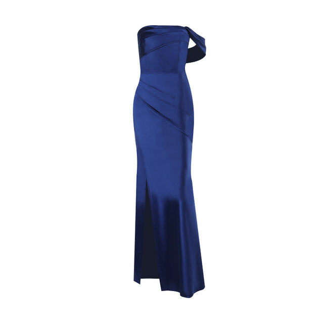 Off-Shoulder Satin Mermaid Gown – Corset Back Formal Dress with Slit