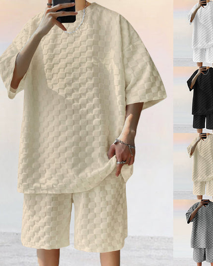 Men's Jacquard Plaid Casual Shorts Suit – Loose Fit 2-Piece Set | 4 Colors | S–XXXL