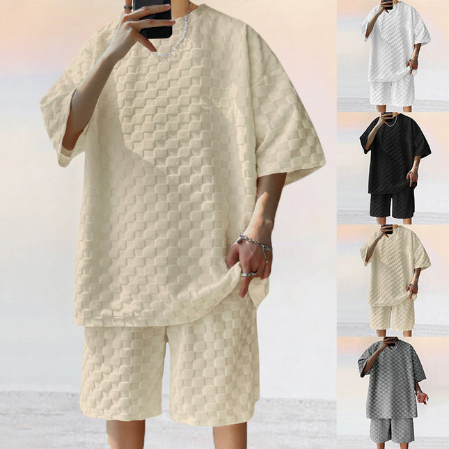 Men's Jacquard Plaid Casual Shorts Suit – Loose Fit 2-Piece Set | 4 Colors | S–XXXL